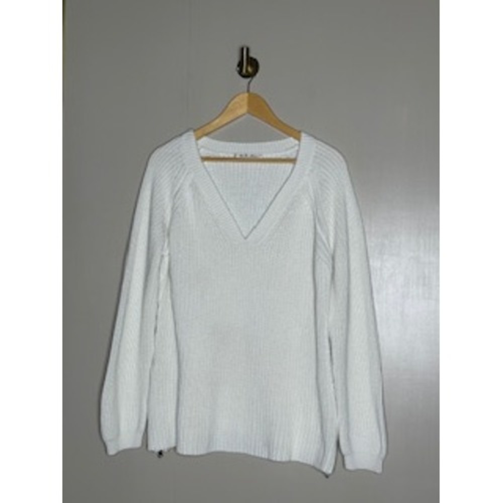 Caroline Grace White Shaker Knit V-Neck Sweater Side Zip Pullover Womens XL/TG